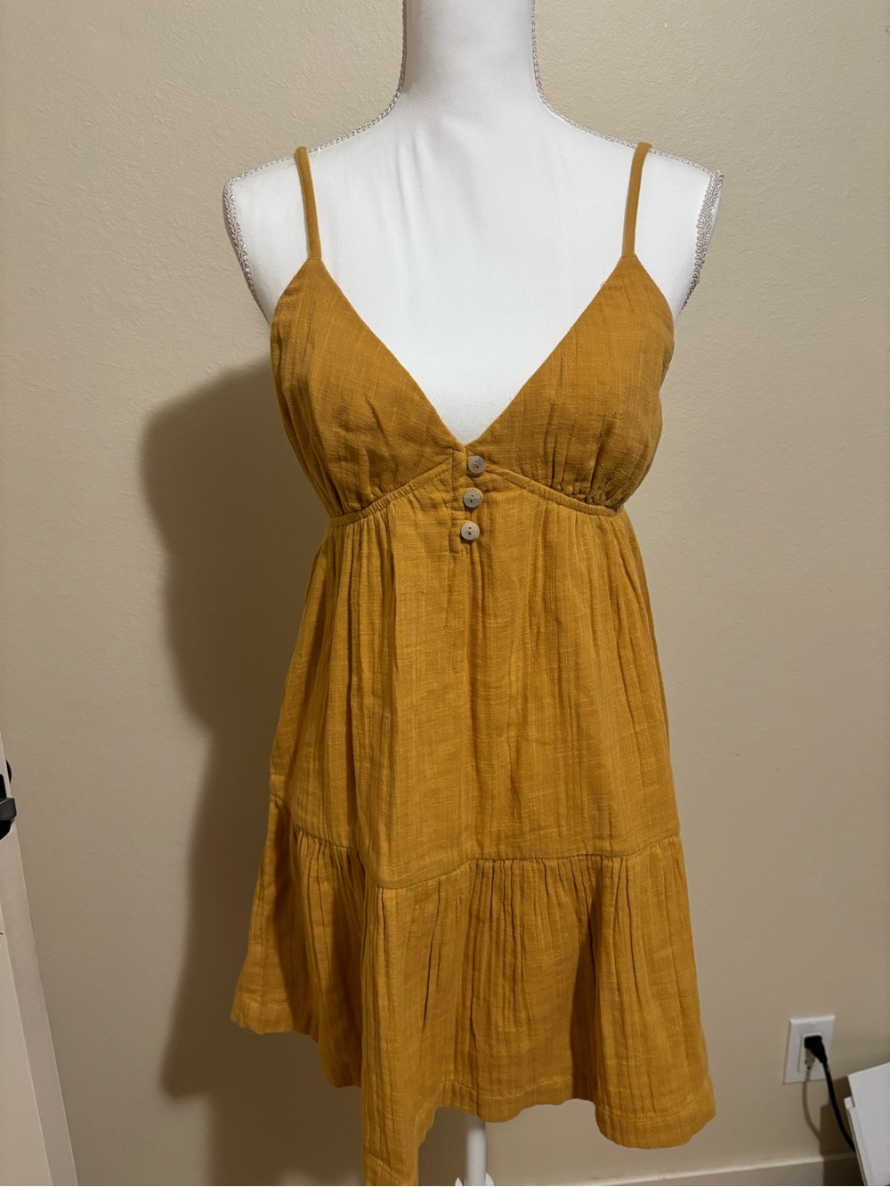 Roxy Mustard Tiered Spaghetti-Strap Summer Dress